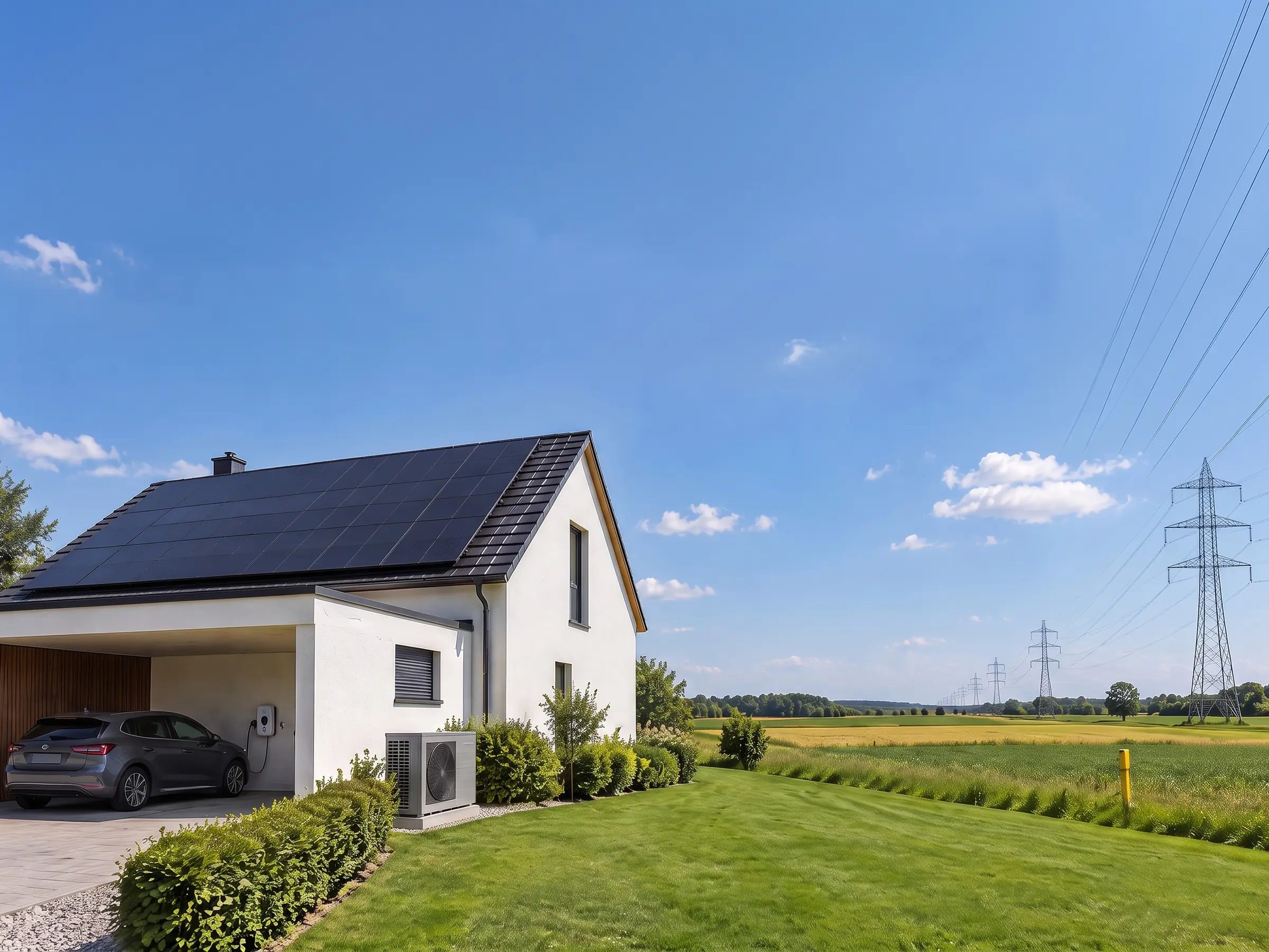 Nowy dom z czarnymi modułami fotowoltaicznymi na dachu, pompą ciepła przy ścianie i autem ładowanym pod wiatą; dalej pola z linią słupów wysokiego napięcia i słupkiem gazociągu